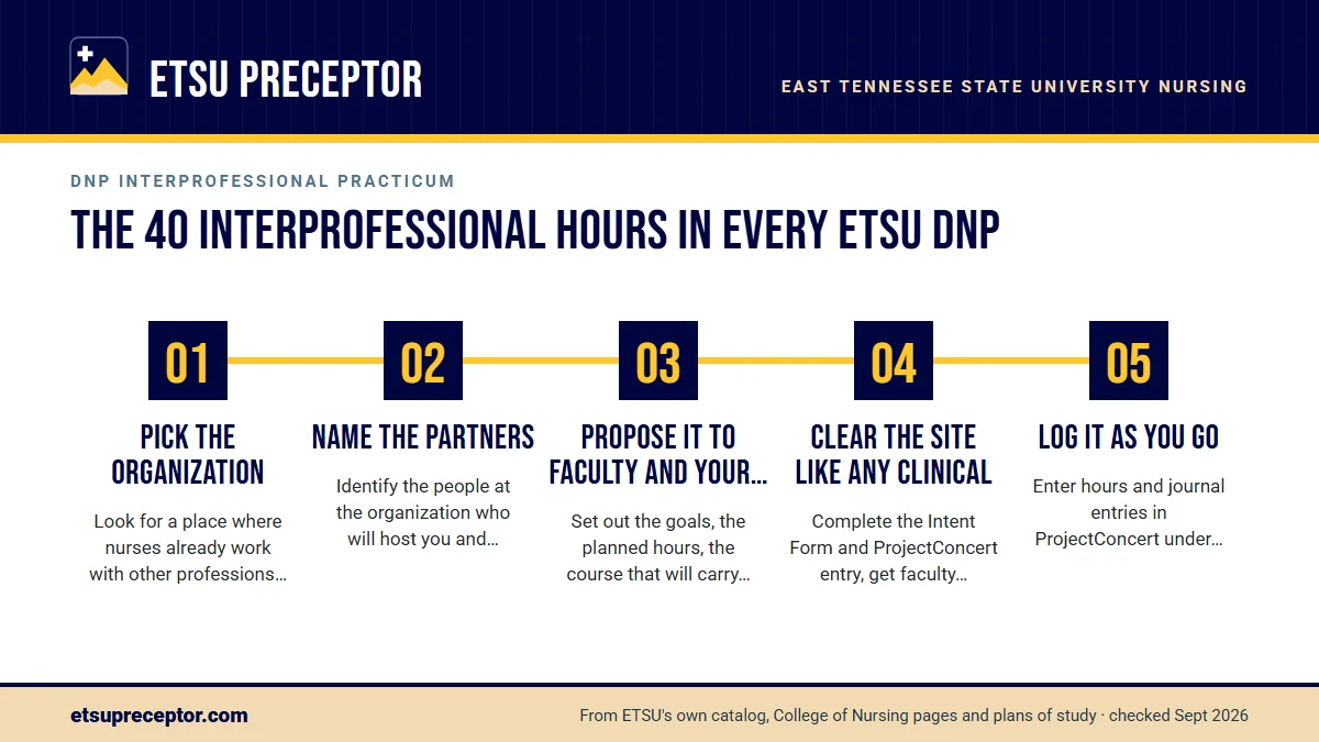 Numbered steps. Planning a student-arranged experience: 1 Pick the organization; 2 Name the partners; 3 Propose it to faculty and your advisor; 4 Clear the site like any clinical; 5 Log it as you go.