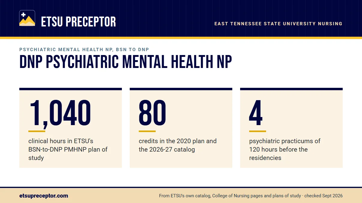 DNP Psychiatric Mental Health NP. 1,040: clinical hours in ETSU's BSN-to-DNP PMHNP plan of study; 80: credits in the 2020 plan and the 2026-27 catalog; 4: psychiatric practicums of 120 hours before the residencies.