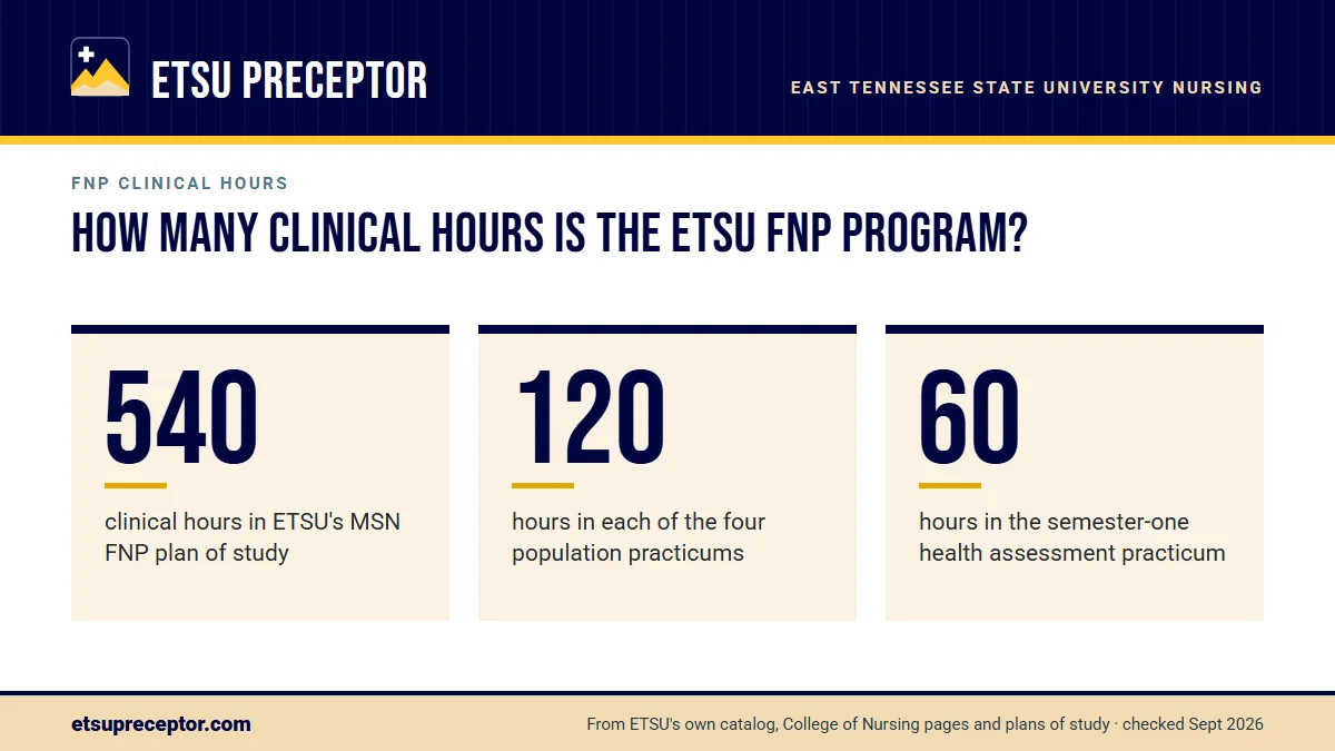 How many clinical hours is the ETSU FNP program?. 540: clinical hours in ETSU's MSN FNP plan of study; 120: hours in each of the four population practicums; 60: hours in the semester-one health assessment practicum.