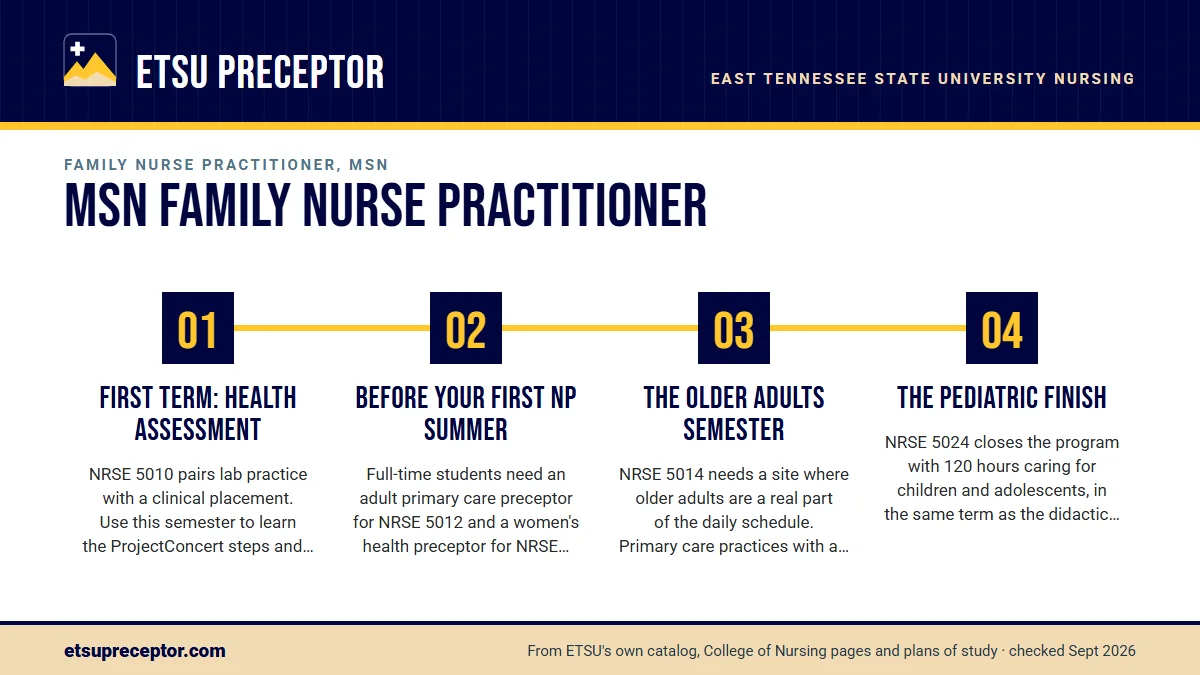 Numbered steps. Planning backward from each practicum: 1 First term: health assessment; 2 Before your first NP summer; 3 The older adults semester; 4 The pediatric finish.