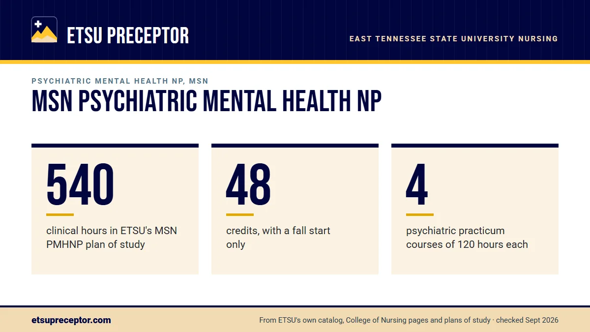 MSN Psychiatric Mental Health NP. 540: clinical hours in ETSU's MSN PMHNP plan of study; 48: credits, with a fall start only; 4: psychiatric practicum courses of 120 hours each.