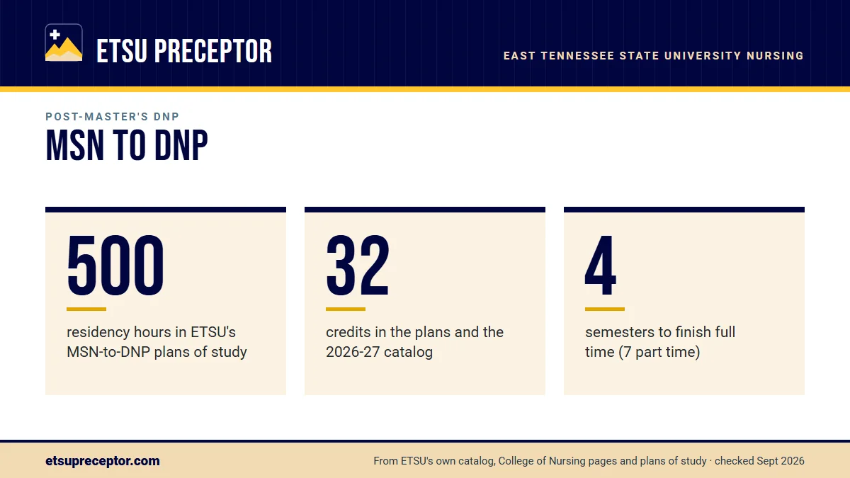 MSN to DNP. 500: residency hours in ETSU's MSN-to-DNP plans of study; 32: credits in the plans and the 2026-27 catalog; 4: semesters to finish full time (7 part time).