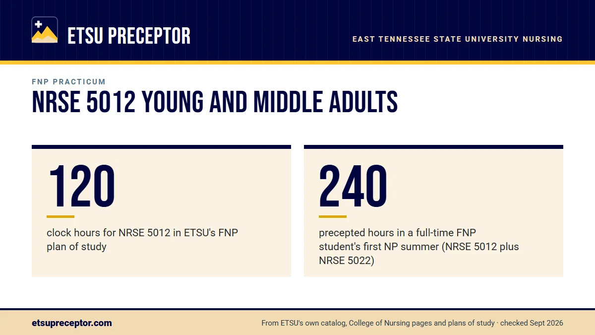 NRSE 5012 Young and Middle Adults. 120: clock hours for NRSE 5012 in ETSU's FNP plan of study; 240: precepted hours in a full-time FNP student's first NP summer (NRSE 5012 plus NRSE 5022).