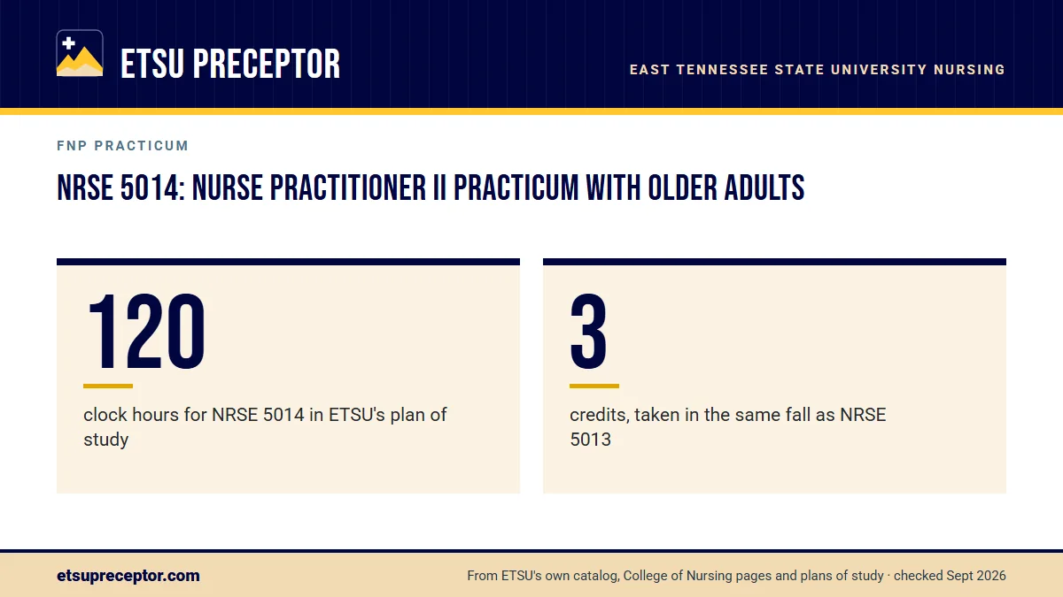NRSE 5014: Nurse Practitioner II Practicum with older adults. 120: clock hours for NRSE 5014 in ETSU's plan of study; 3: credits, taken in the same fall as NRSE 5013.