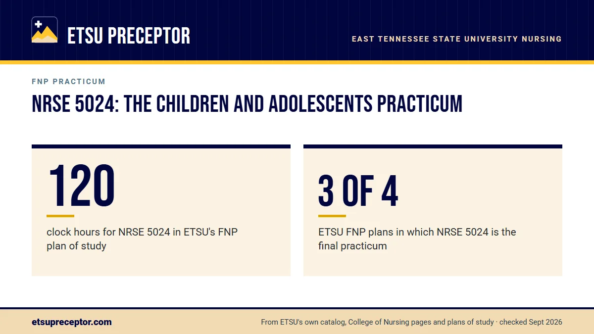 NRSE 5024: the Children and Adolescents Practicum. 120: clock hours for NRSE 5024 in ETSU's FNP plan of study; 3 of 4: ETSU FNP plans in which NRSE 5024 is the final practicum.