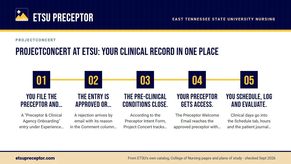 Numbered steps. How a graduate placement moves through the system: 1 You file the preceptor and site.; 2 The entry is approved or rejected.; 3 The pre-clinical conditions close.; 4 Your preceptor gets access.; 5 You schedule, log and evaluate..