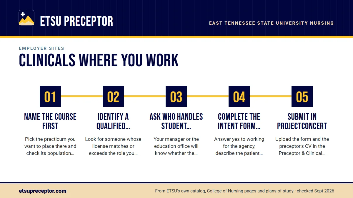 Numbered steps. Proposing your own workplace, step by step: 1 Name the course first; 2 Identify a qualified preceptor; 3 Ask who handles student agreements; 4 Complete the Intent Form honestly; 5 Submit in ProjectConcert.